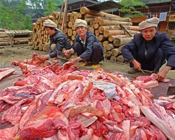 Farmers butchering pork on village road